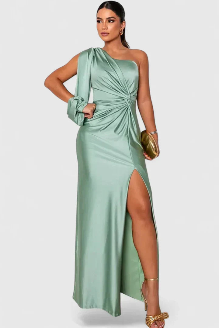 Women's One-Shoulder Figure-Following Maxi Gown in Pastel Green