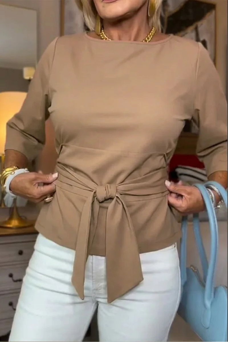 Women's Elegant Top with Adjustable Bow Waist in Khaki