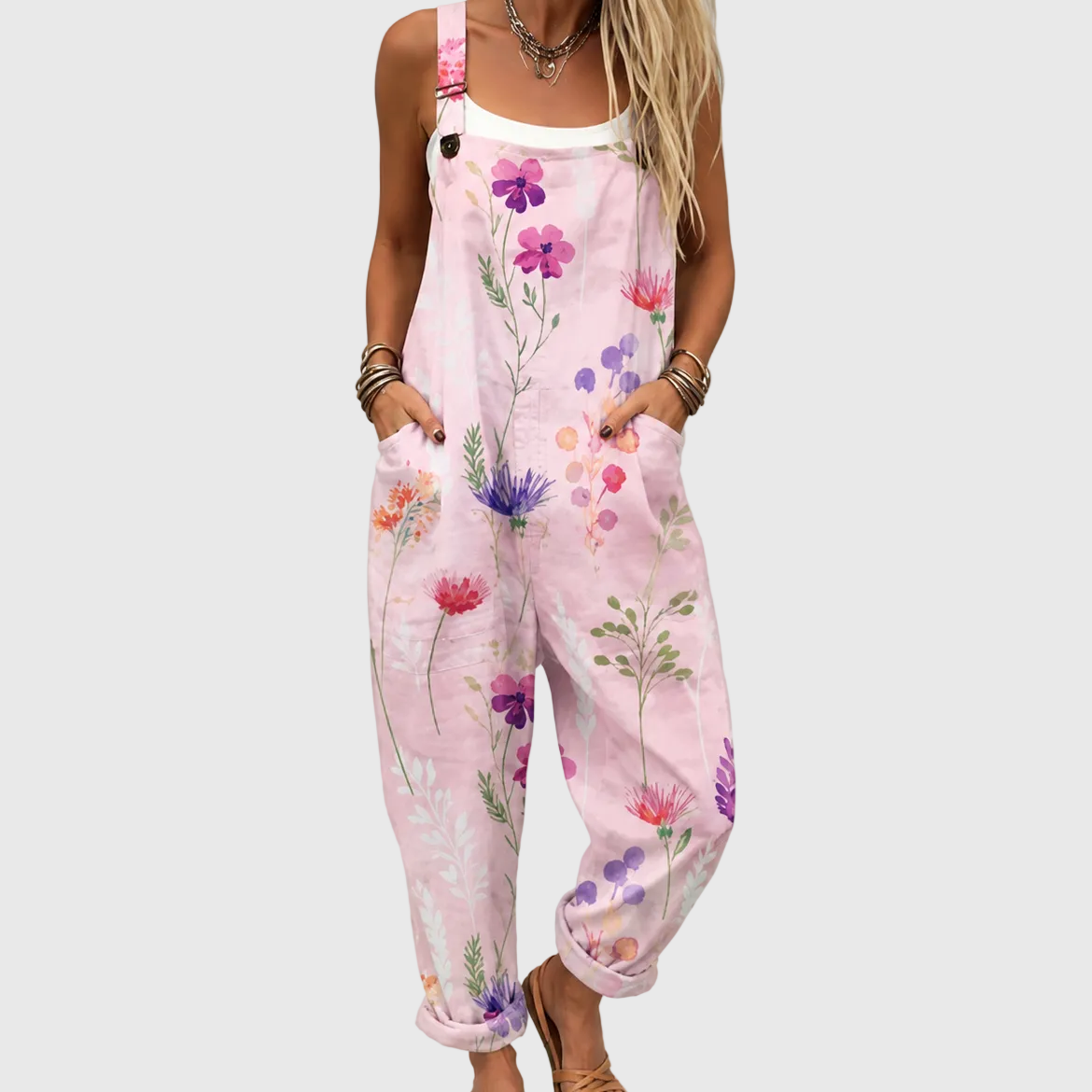Women's Pink Wildflower Print Overalls with Side Pockets