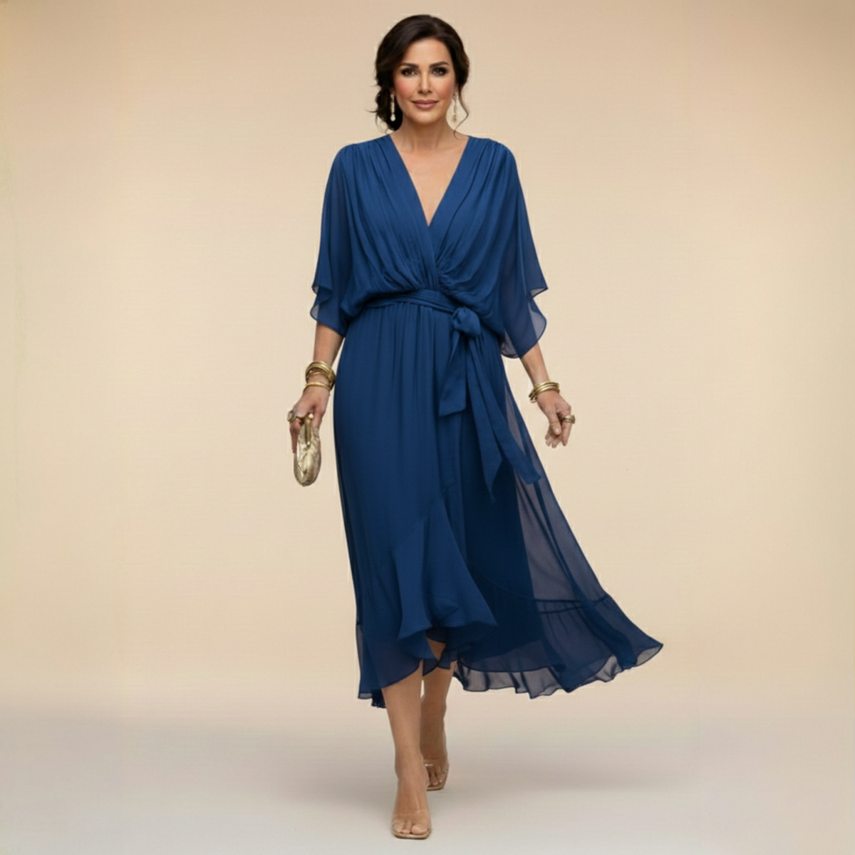 Women's Lightweight Chiffon V-Neck Midi Dress in Blue