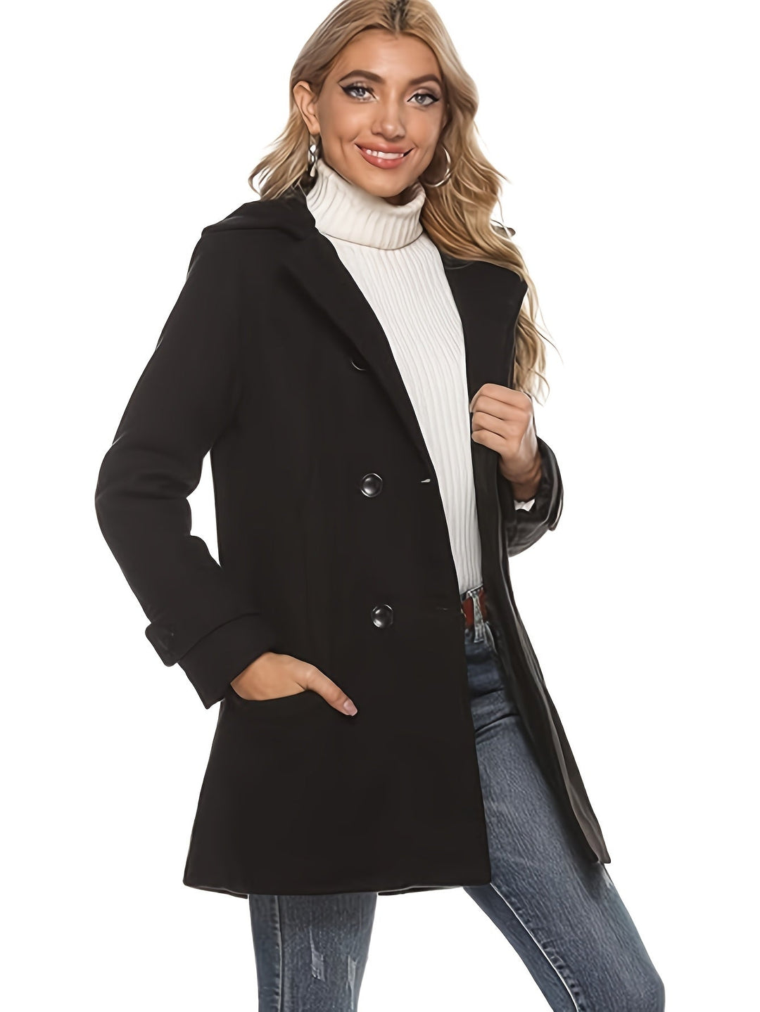 Women's Hooded Coat, Double Breasted Mid Length Winter Overcoat