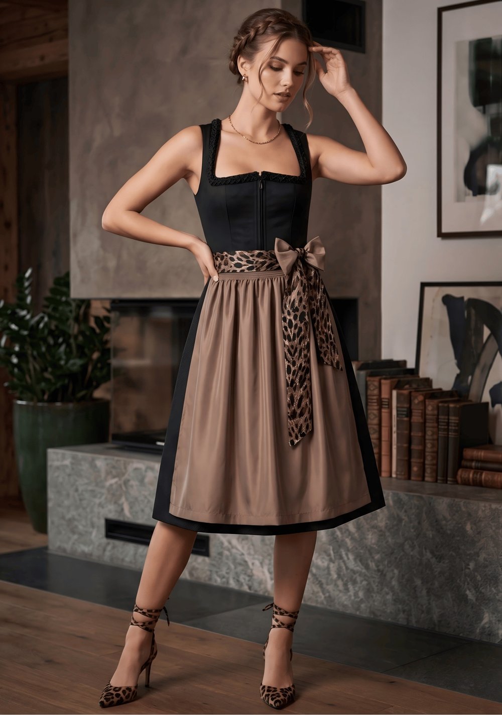 Women's Leopard Print Fitted Mini Dress with Bow, view 4