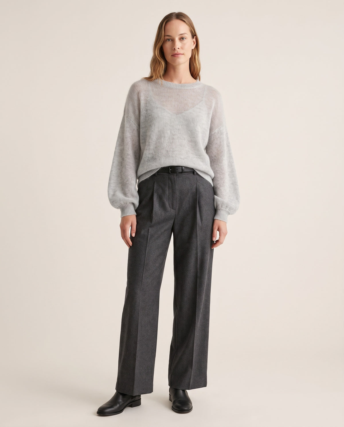 Women's Cashmere Silk Sweater — light gray, studio front