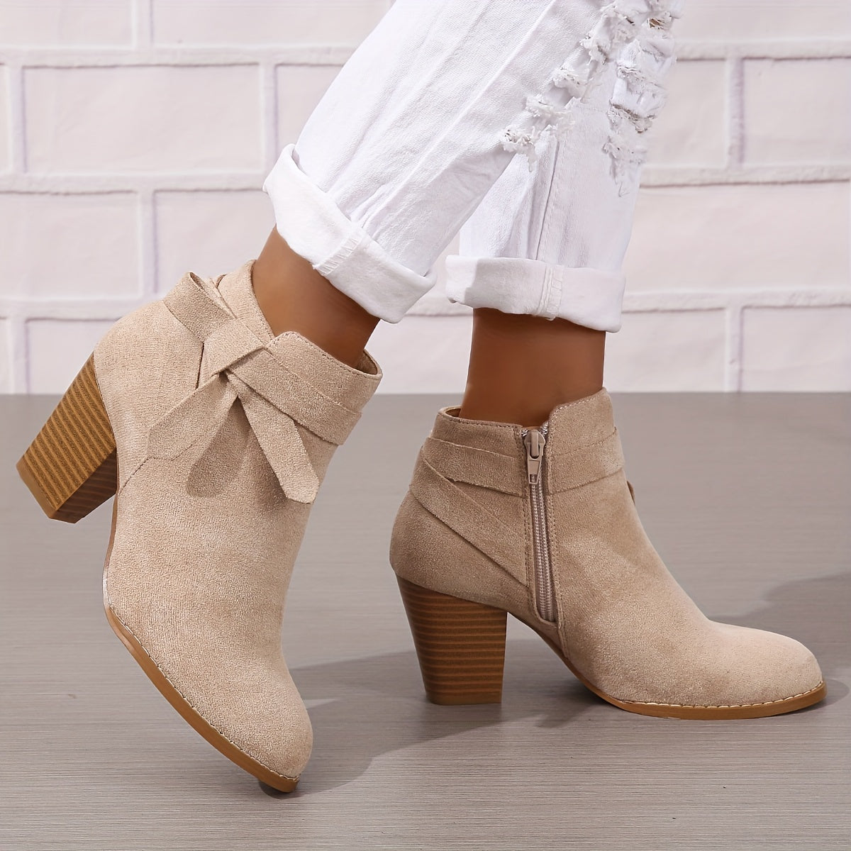 Women's Pointed Toe Ankle Boots with Rear Bow and Block Heel, view 7