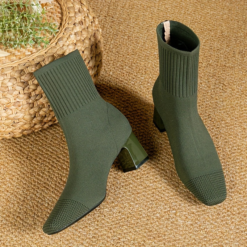 Women's Stretch Knit Sock Ankle Boots with Square Toe and Block Heel in Green