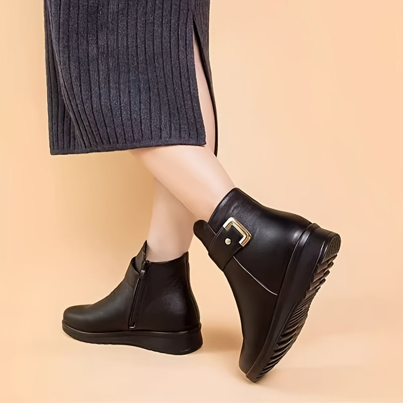 Women's Winter Ankle Boots, Buckle Strap Fleece Lined Flat Booties