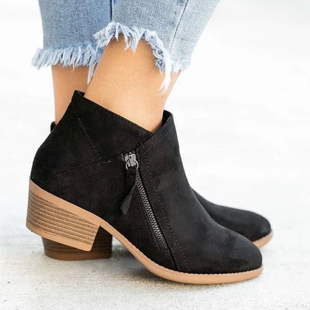 Women's Suede Low Heel Side-Zip Ankle Boots with Round Toe in Black