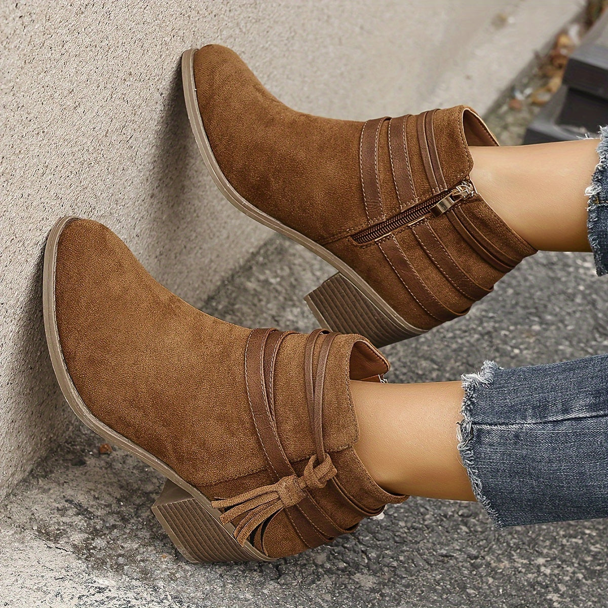 Women's Pointed Toe Tassel Wrap Ankle Boots with Block Heel in Brown