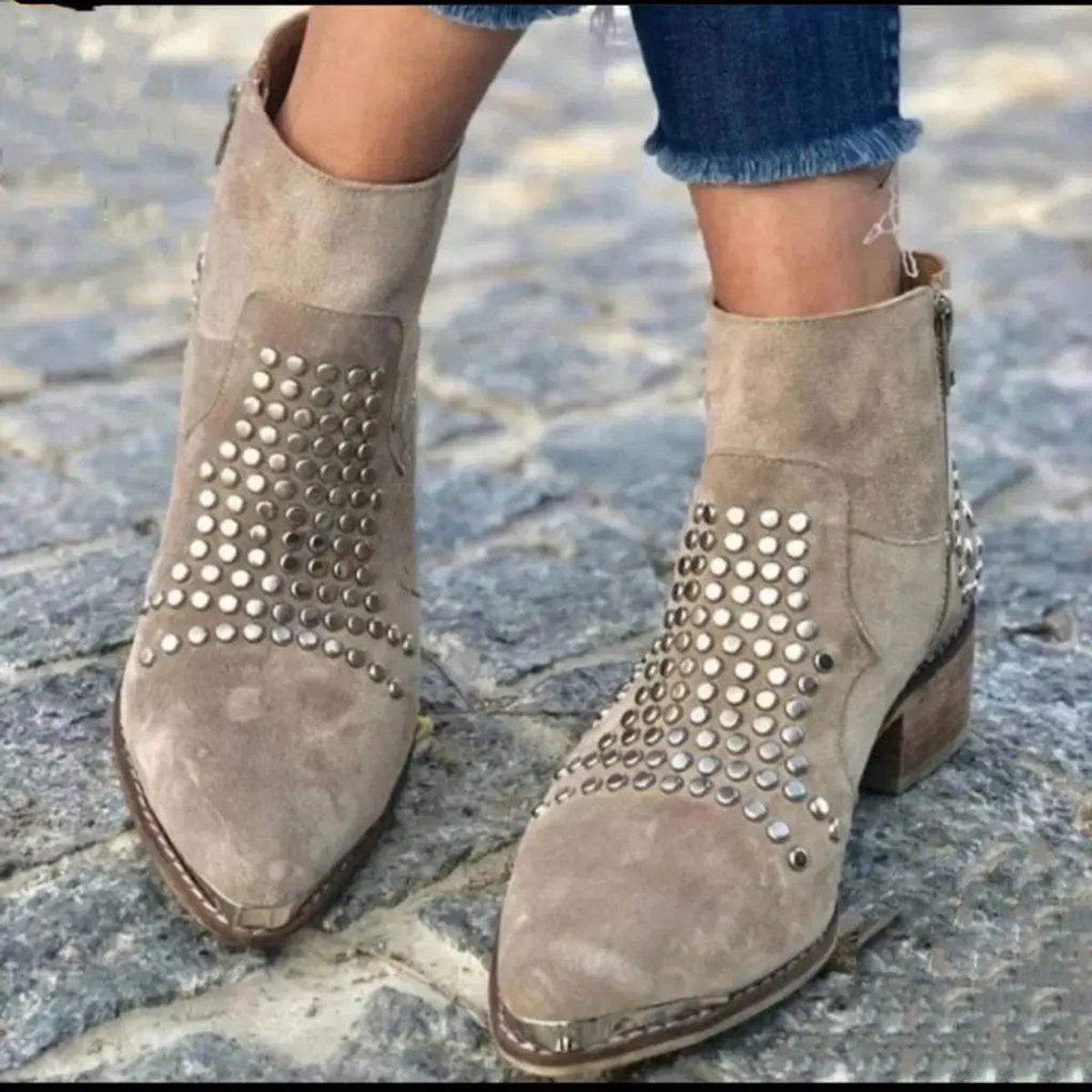Women's Studded Suede Side-Zip Ankle Boots with Block Heel, view 4