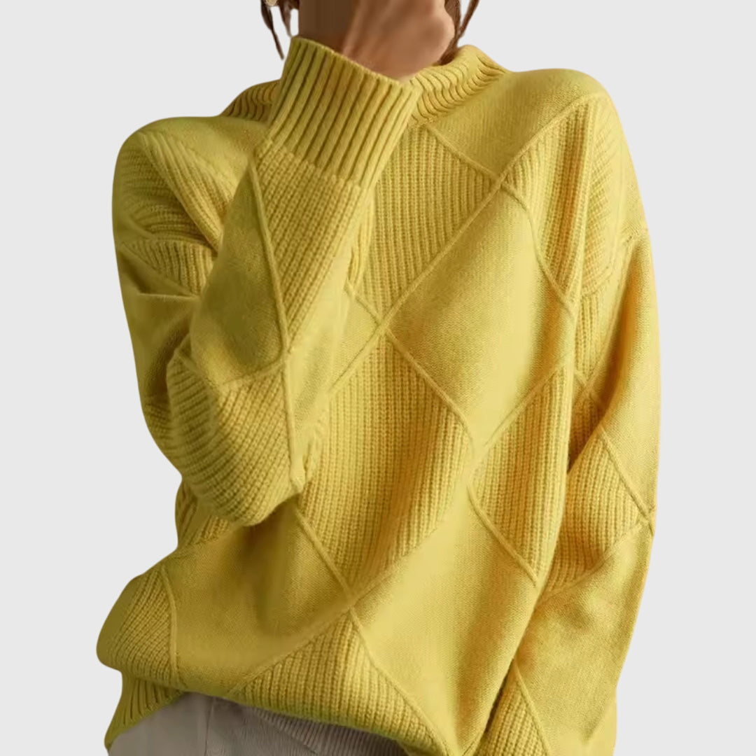 Women's Geometric Textured Knit Turtleneck Sweater in Yellow