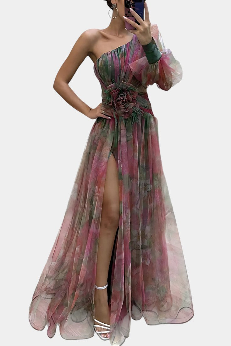 Women's One-Shoulder Maxi Gown with Draped Slit and Floral Applique in Red