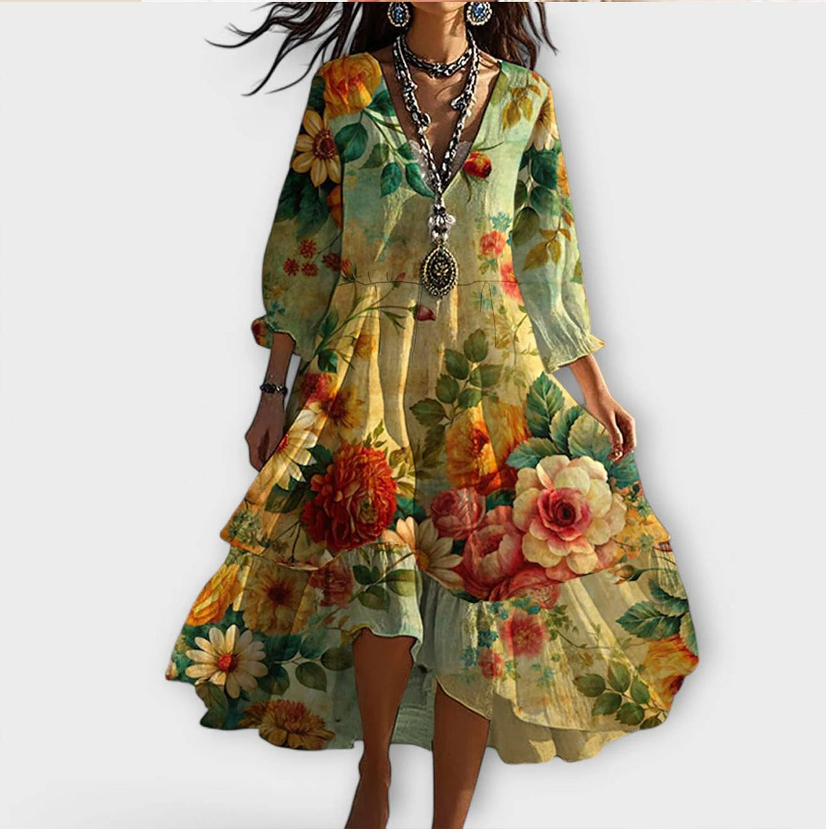 Women's Vintage Floral V-Neck Loose Midi Dress in Multicolor