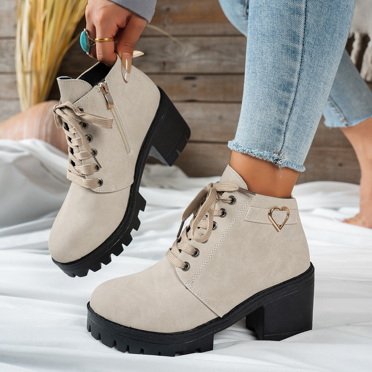 Women's Lace-Up Block Heel Ankle Boots with Heart Hardware