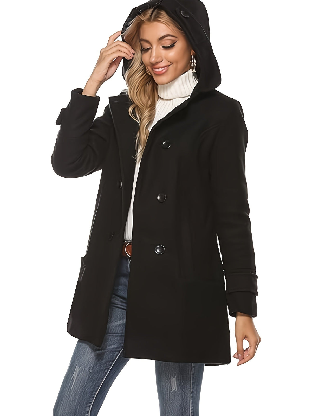 Women's Hooded Double-Breasted Mid-Length Coat, view 5