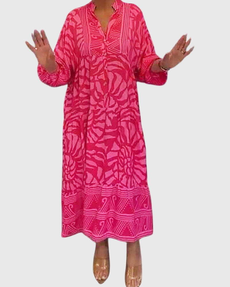 Women's Printed V-Neck Maxi Dress with Half Sleeves in Pink