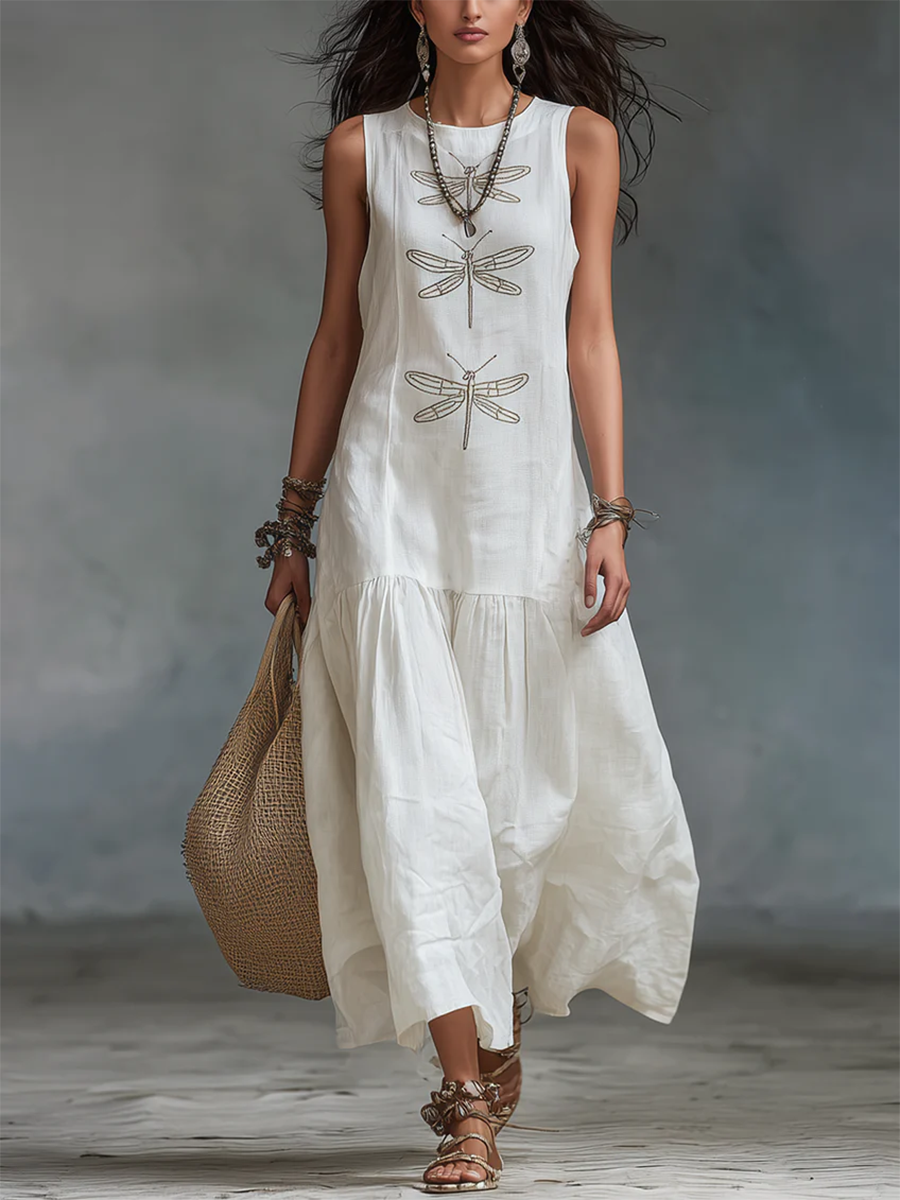 Women's Sleeveless Cotton-Linen Maxi Dress with Dragonfly Embroidery in White