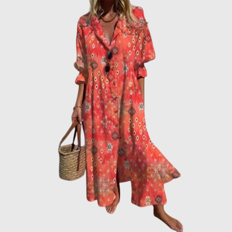 Women's Bohemian Print Flowy Maxi Beach Dress in Red