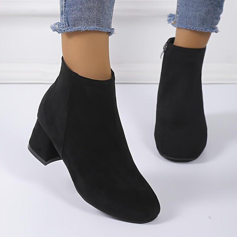 Women's Faux Suede Side-Zip Chelsea Ankle Boots with Low Block Heel in Black