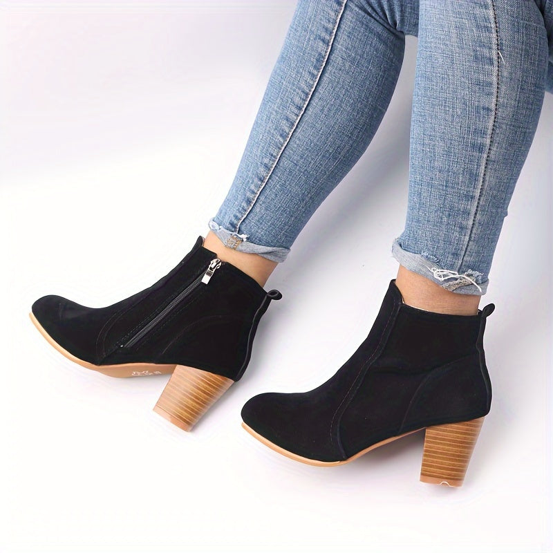 Women's Suede-Look Stacked Block Heel Side-Zip Ankle Boots in Black