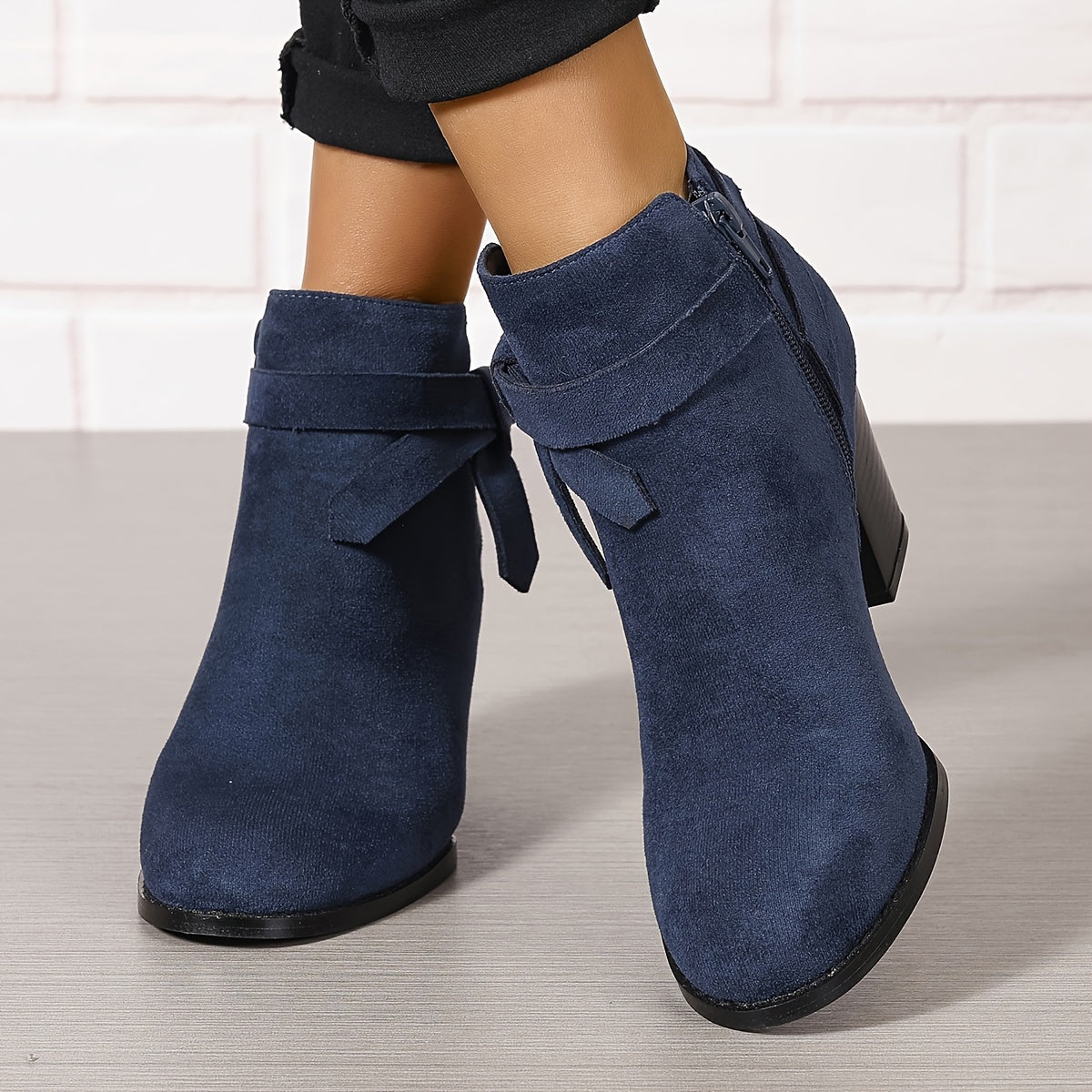 Women's Pointed Toe Ankle Boots with Rear Bow and Block Heel, view 3