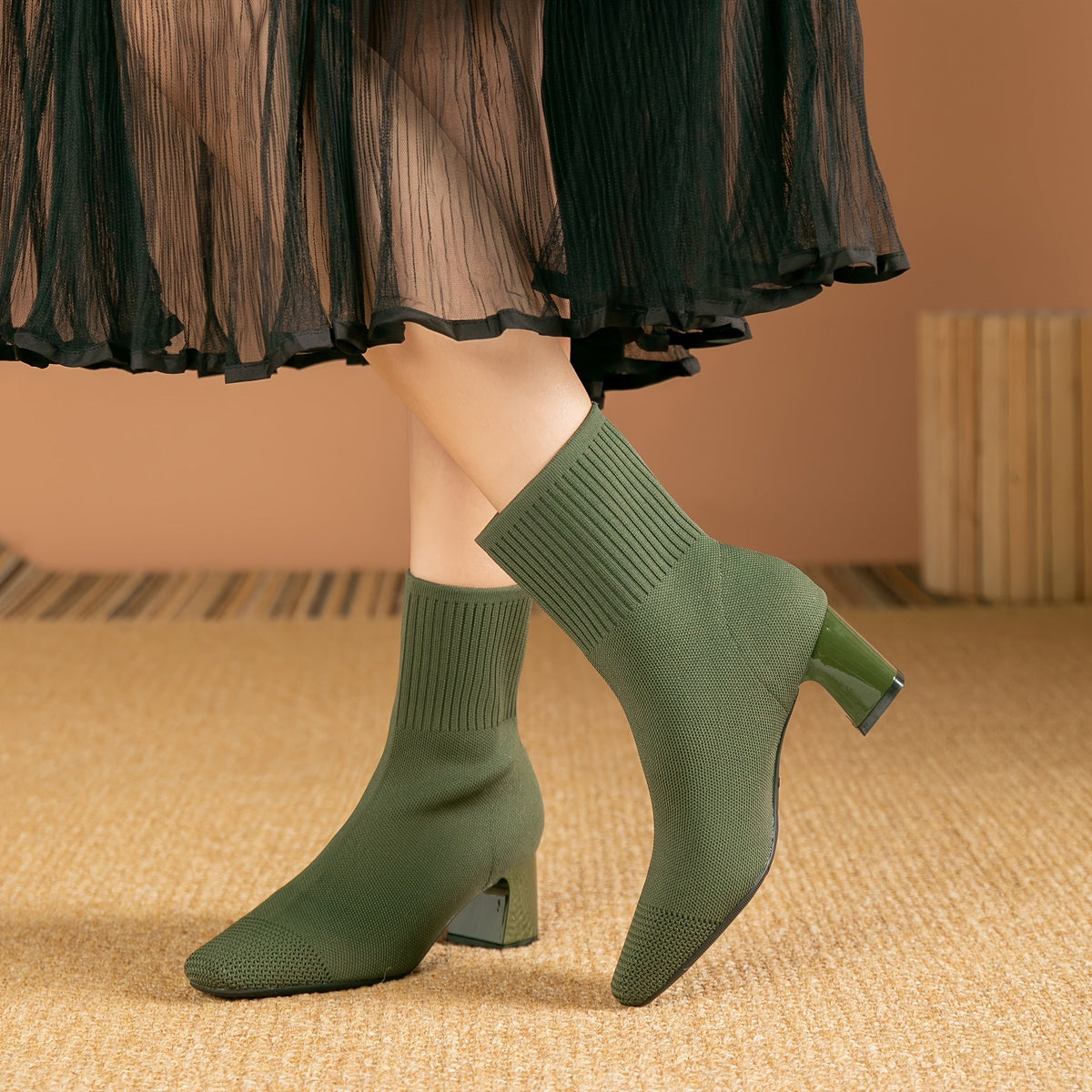 Women's Stretch Knit Sock Ankle Boots with Square Toe and Block Heel, view 6