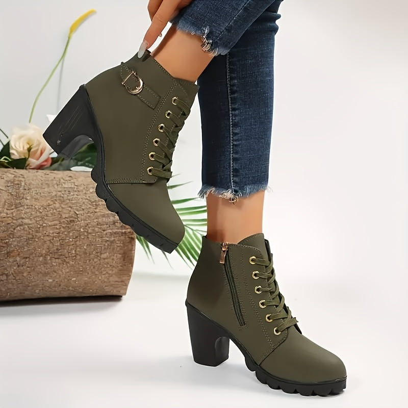 Women's Lug Sole Lace-Up Block Heel Ankle Boots with Side Zip in Green