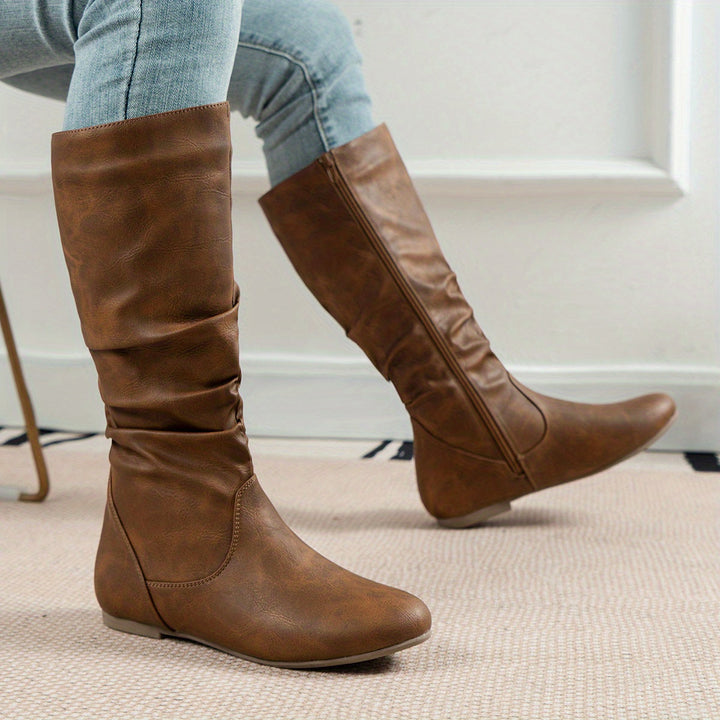 Women's Mid Calf Boots, Slouchy Flat Round Toe Pull On Boots