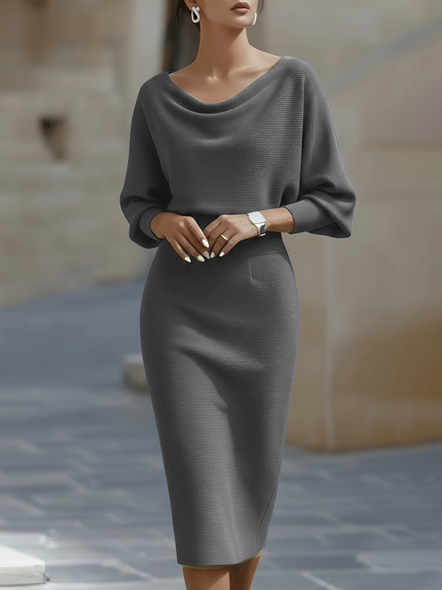 Women's Draped Batwing Sleeve Knit Midi Dress with Cowl Neck in Gray