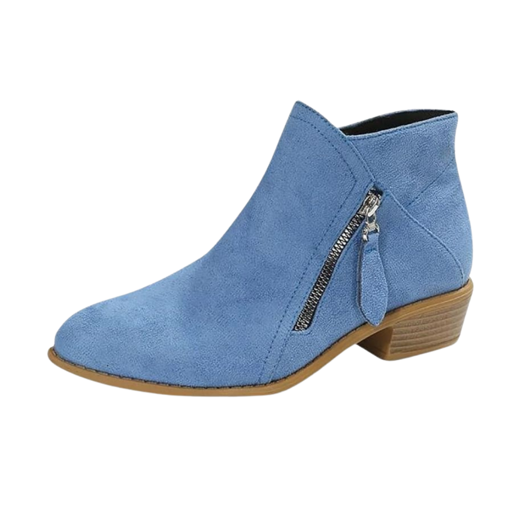 Women's Suede-Style Low Block Heel Ankle Boots with Tassel Zip Pull in Blue