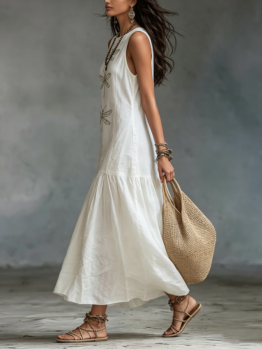 Women's Sleeveless Cotton-Linen Maxi Dress with Dragonfly Embroidery, view 5
