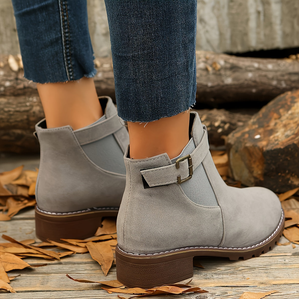 Women's Suede-Like Buckle Strap Chelsea Boots with Low Block Heel, view 9