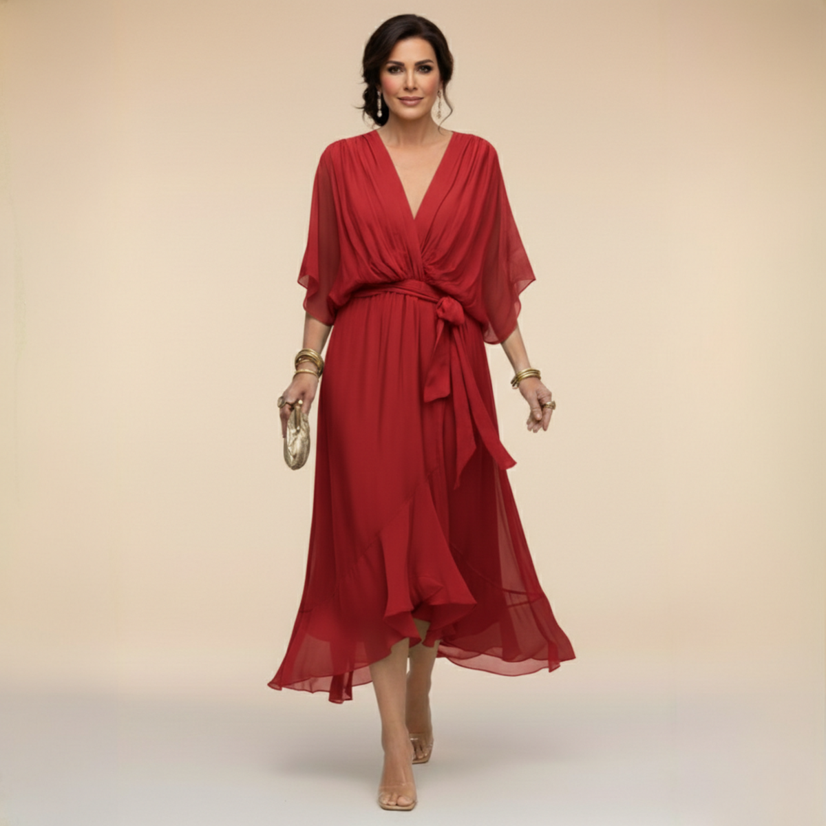 Women's Lightweight Chiffon V-Neck Midi Dress in Red