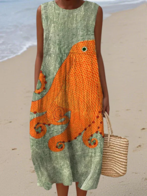 Women's Octopus Print Sleeveless Midi Dress in Multicolor