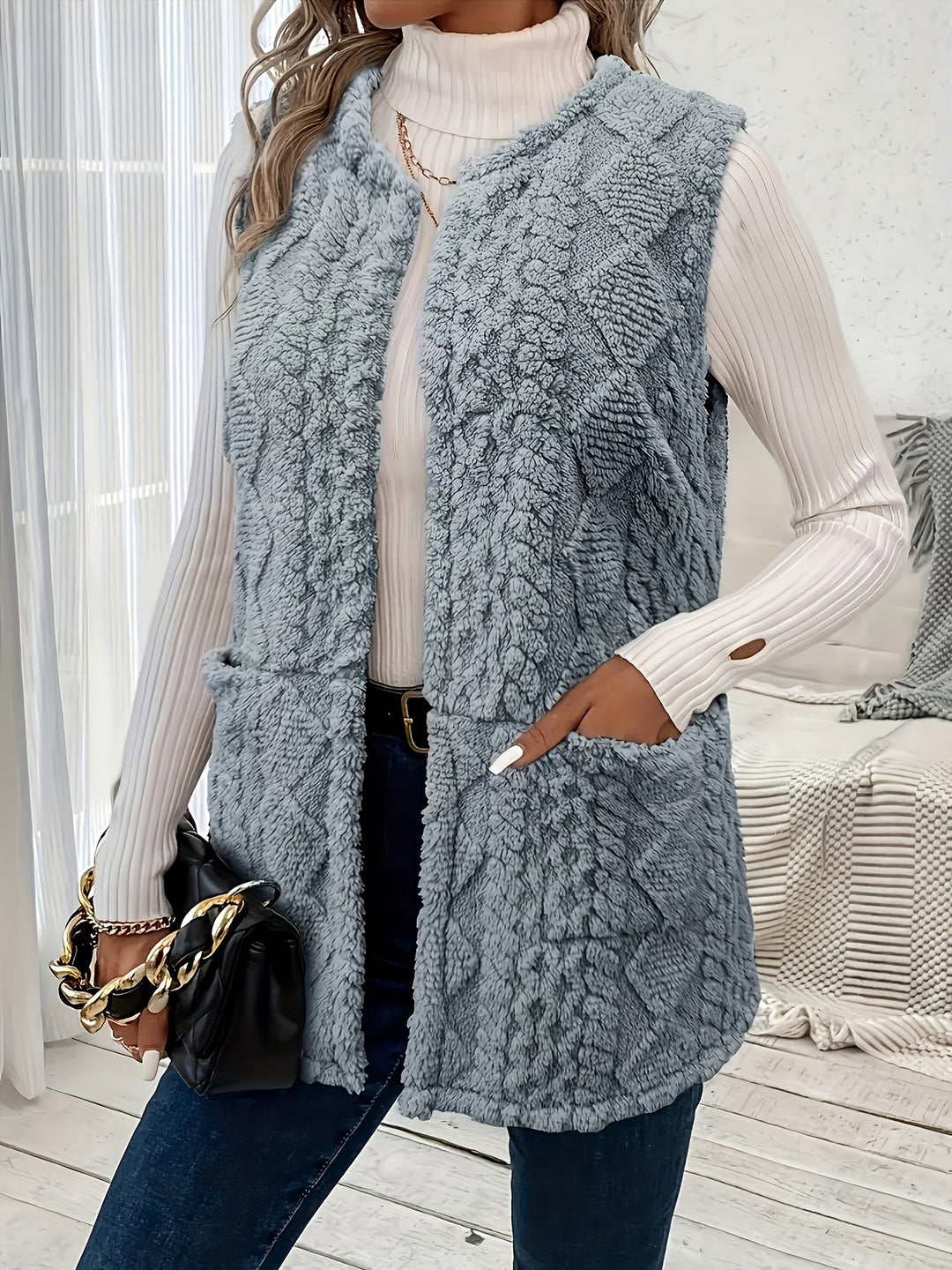 Women's Sleeveless Vest, Textured Knit Open Front Layering Top
