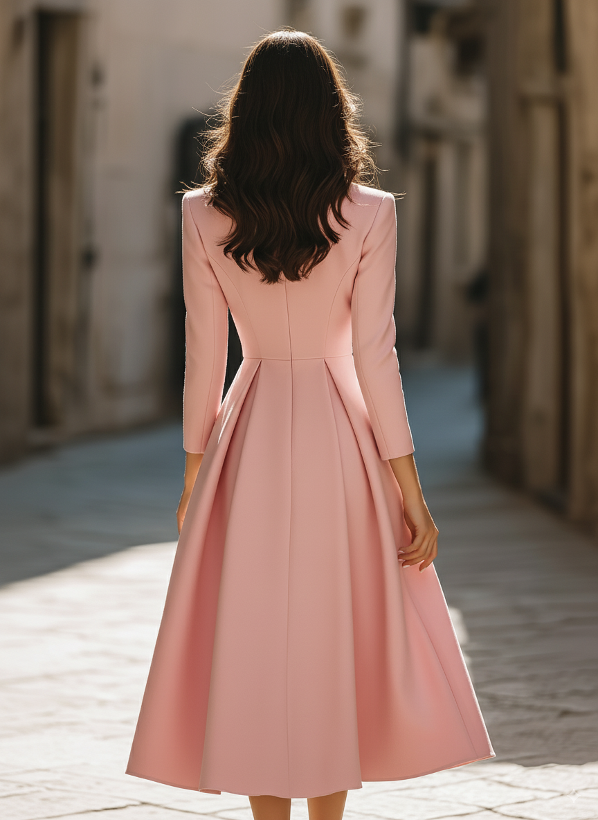 Women's Pink Pleated Blazer Midi Dress with Notched Collar, view 6