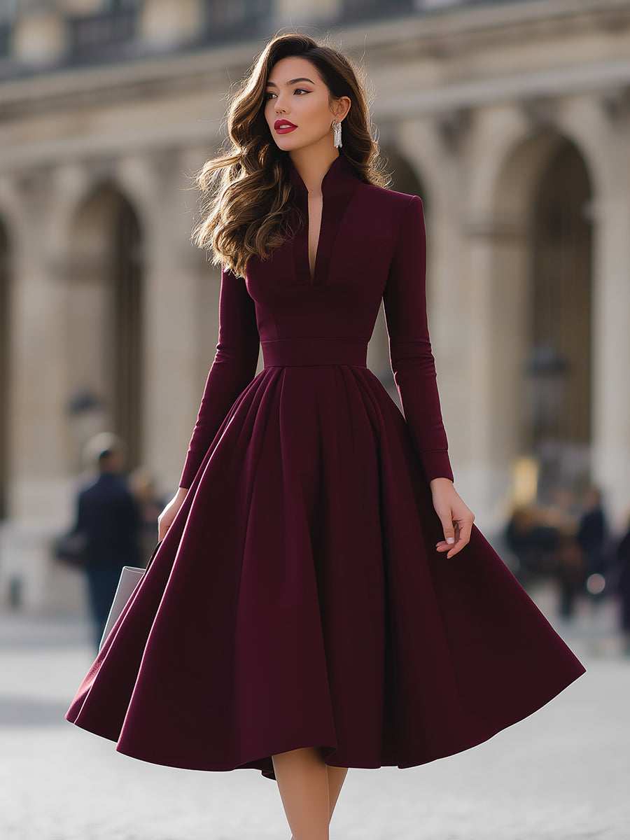 Women's Burgundy V-Neck Midi Dress with Pleated Full Skirt, view 2