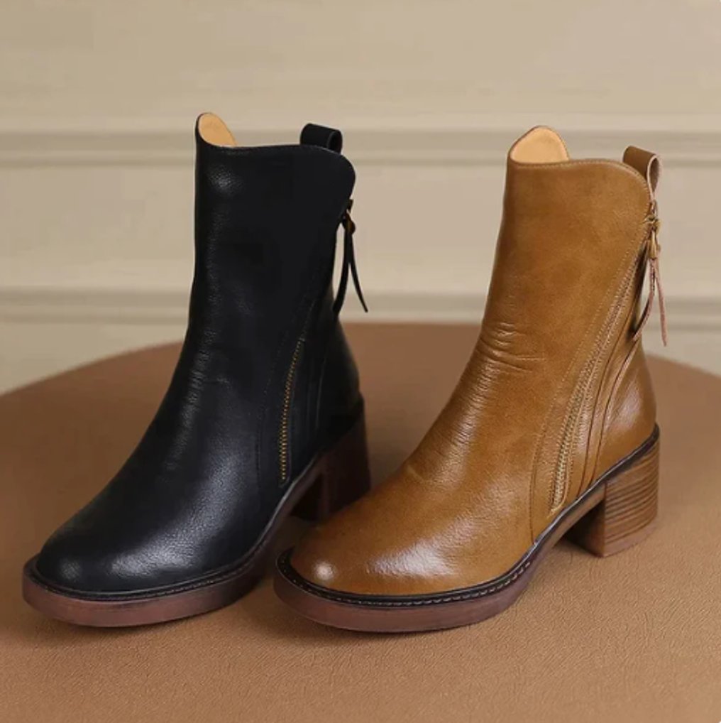Women's Leather Block Heel Side-Zip Ankle Boots with Round Toe, view 3
