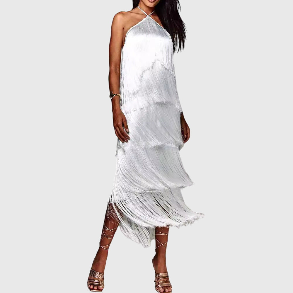 Women's Halter Tassel Party Dress with Open Back in White