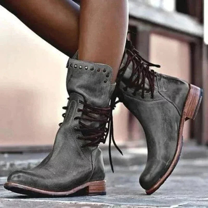 Women's Western Studded Ankle Boots with Wraparound Lacing in Gray