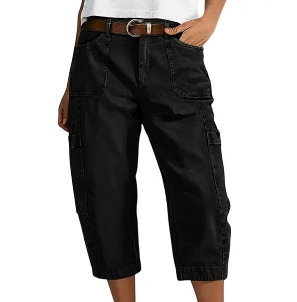 Women's Relaxed Cargo Capri Pants with Side Pockets in Black