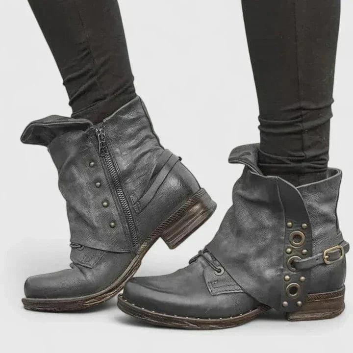 Women's Distressed Vintage Buckle Strap Ankle Boots with Rivets in Gray