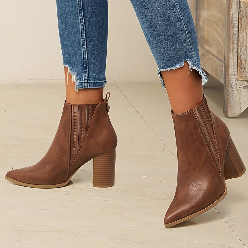 Women's Pointed Toe Pull-On Ankle Boots with Square Block Heel, view 3