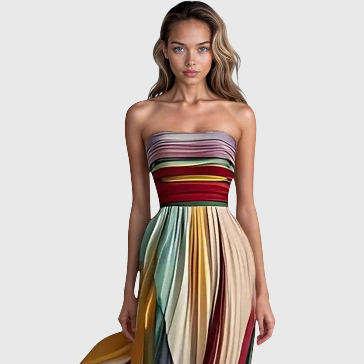 Women's Strapless Multicolor Striped Maxi Dress, view 2