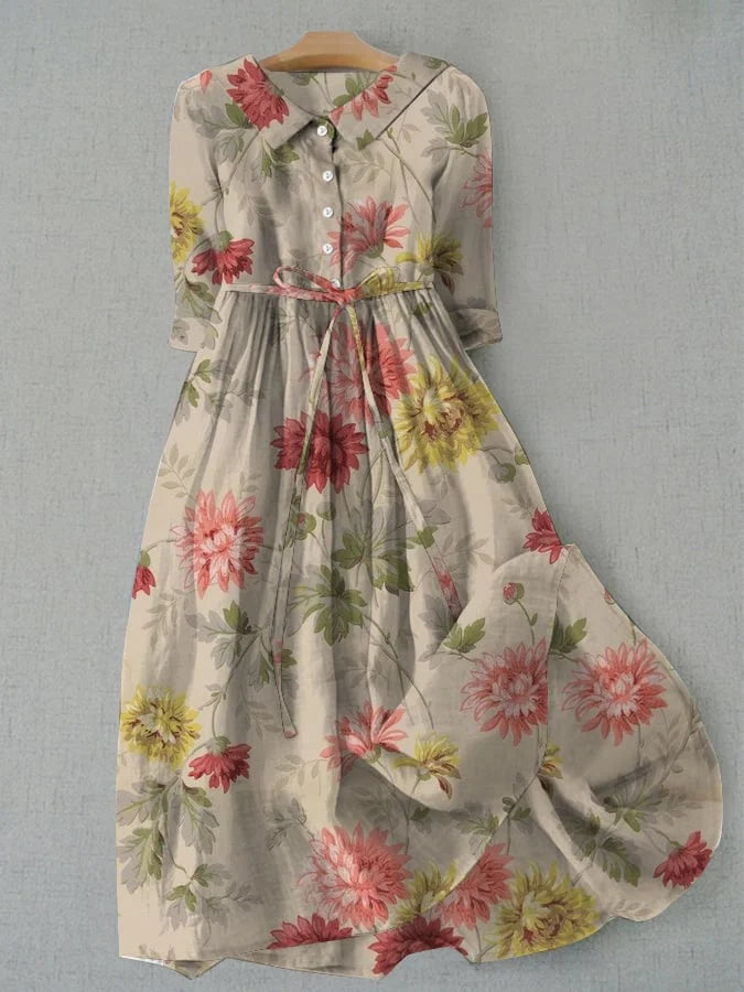 Women's Cotton Linen Button-Front Midi Shirt Dress with Tie Waist