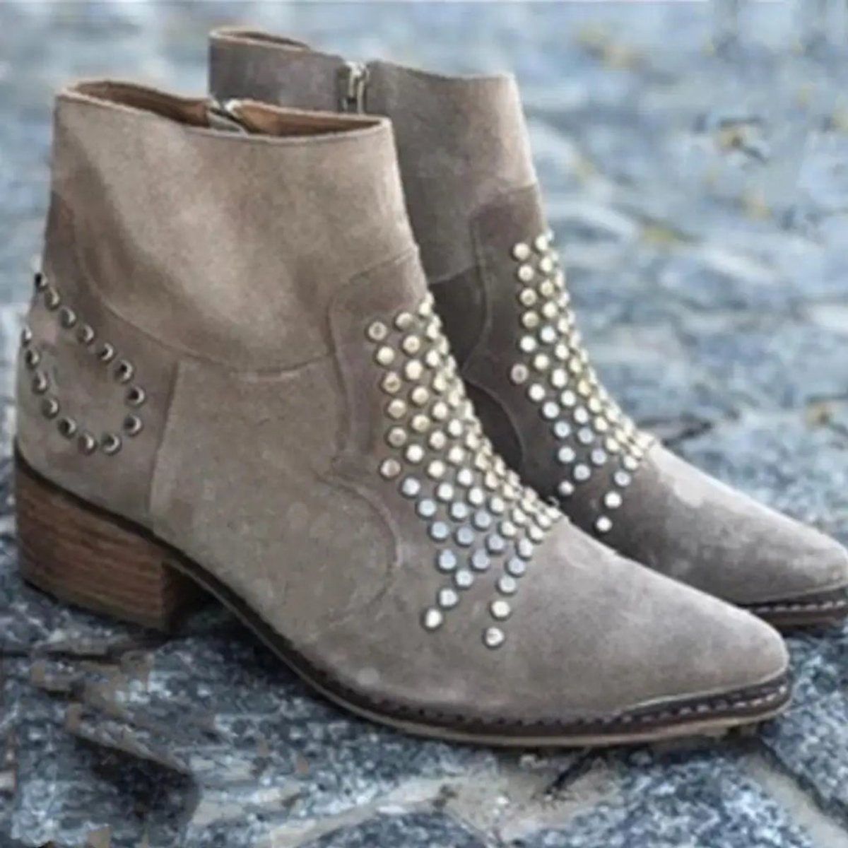 Women's Studded Suede Side-Zip Ankle Boots with Block Heel, view 3