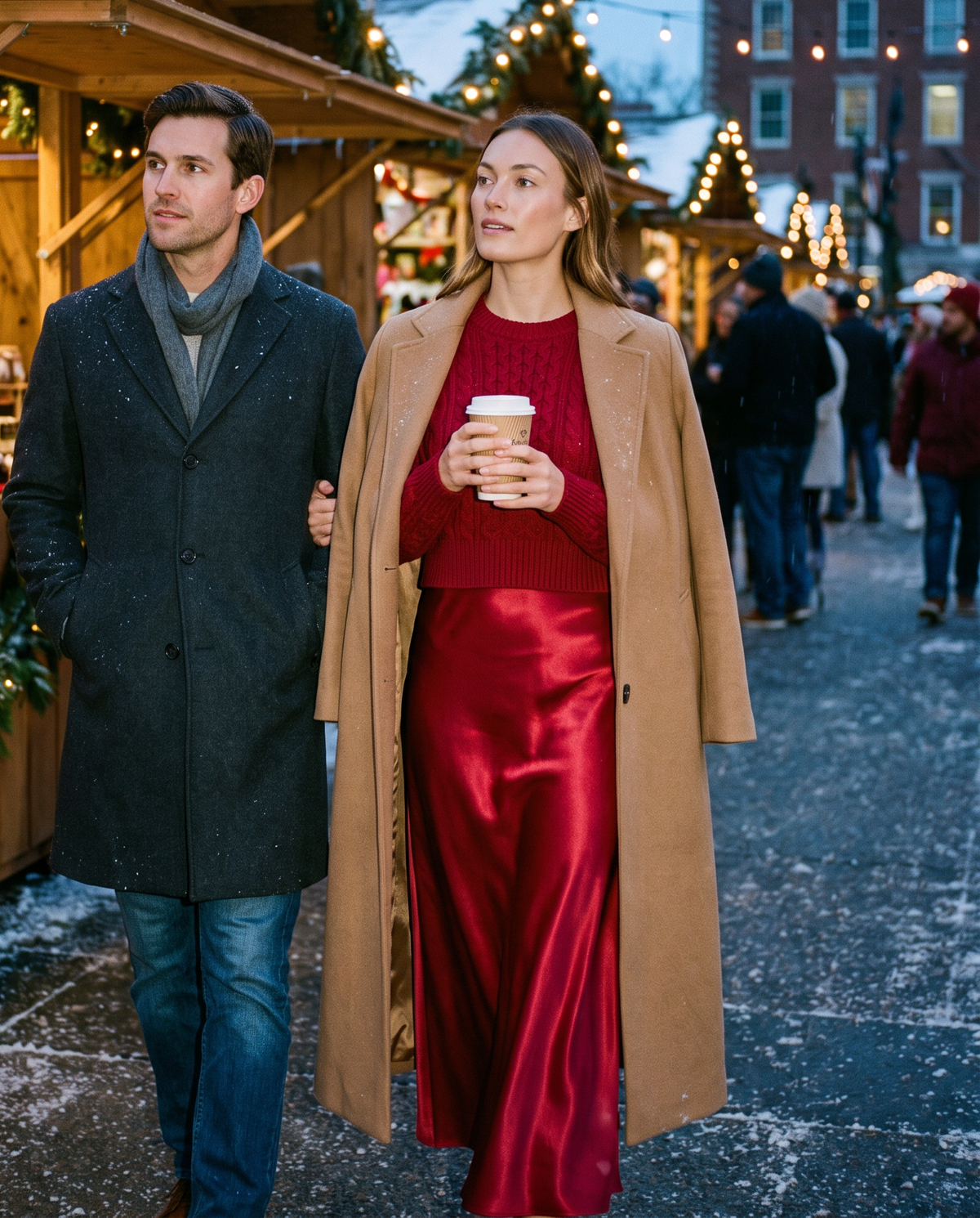 Christmas Dress Set, Red Satin Maxi & Cable Knit Sweater — worn at a Christmas market at dusk