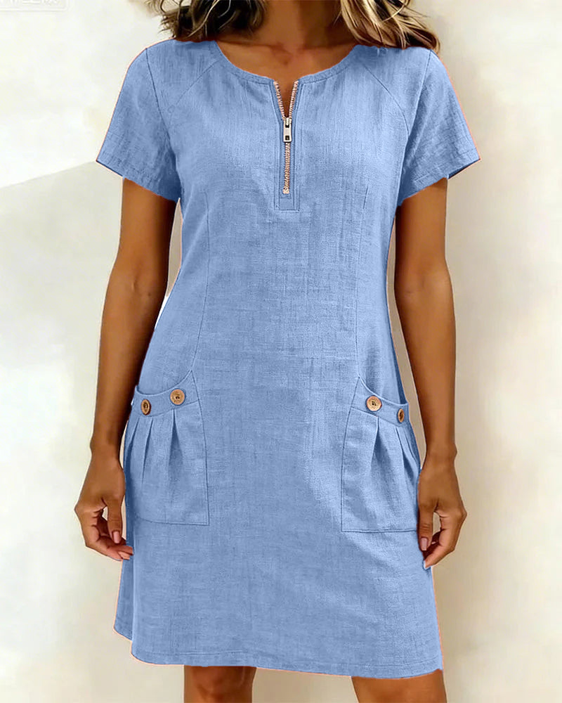 Women's Cotton Relaxed Dress with Front Zipper in Blue