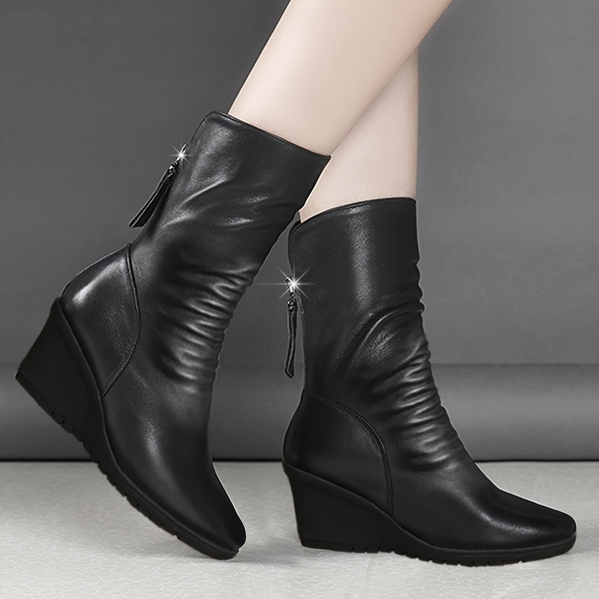 Women's Black Mid-Calf Hidden Wedge Boots