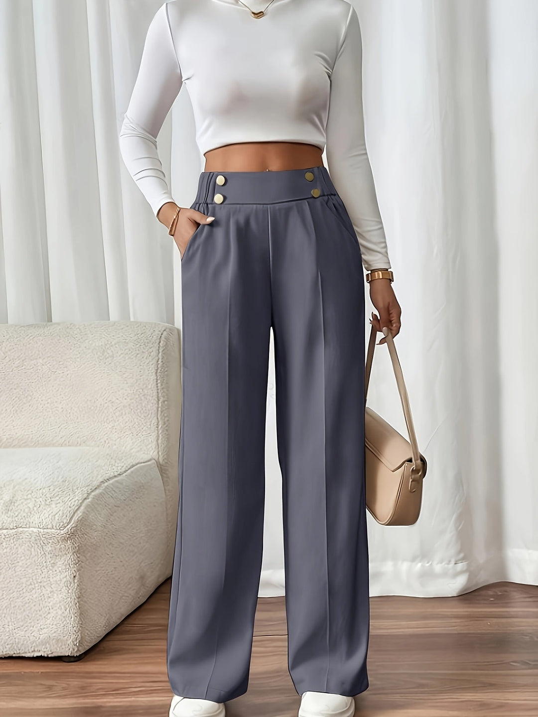 Women's Wide Leg Pants, Elastic High Waist Tailored Trousers