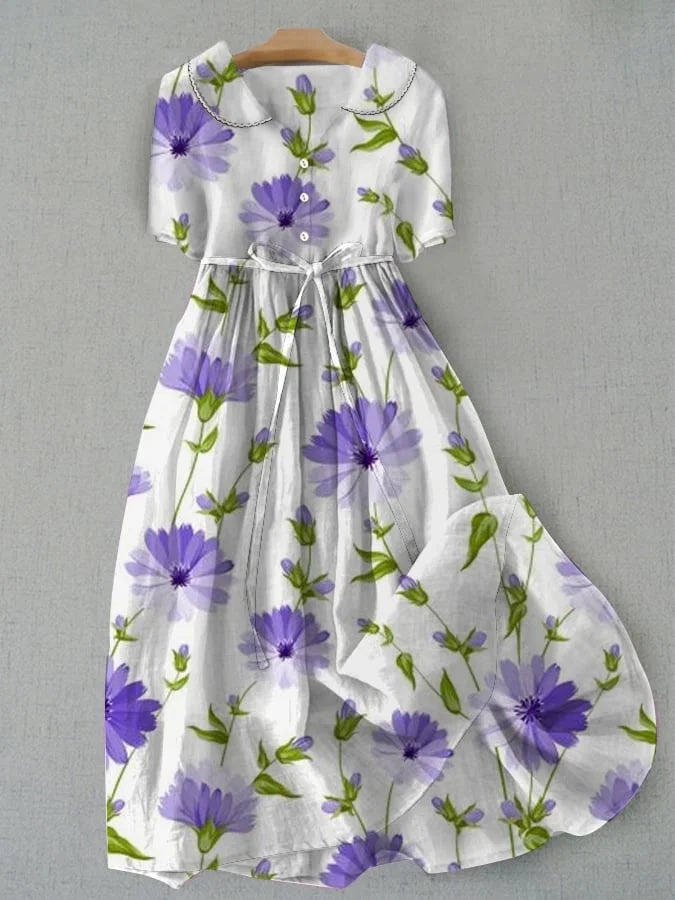 Women's Half Sleeve Floral Cotton Linen Midi Dress with Lace-Up Waist